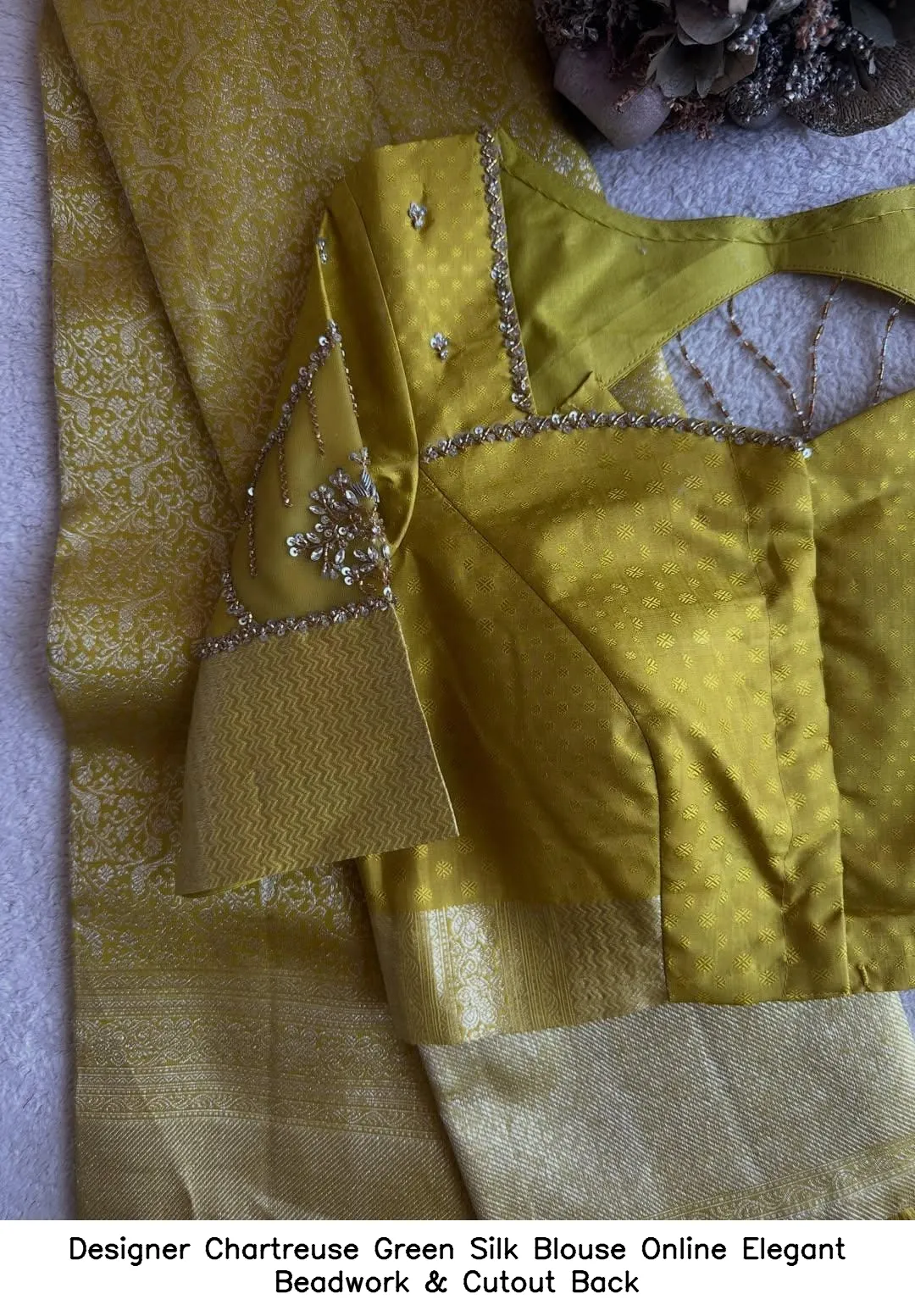 Designer Chartreuse Green Silk Blouse Online – Elegant Beadwork & Cutout Back