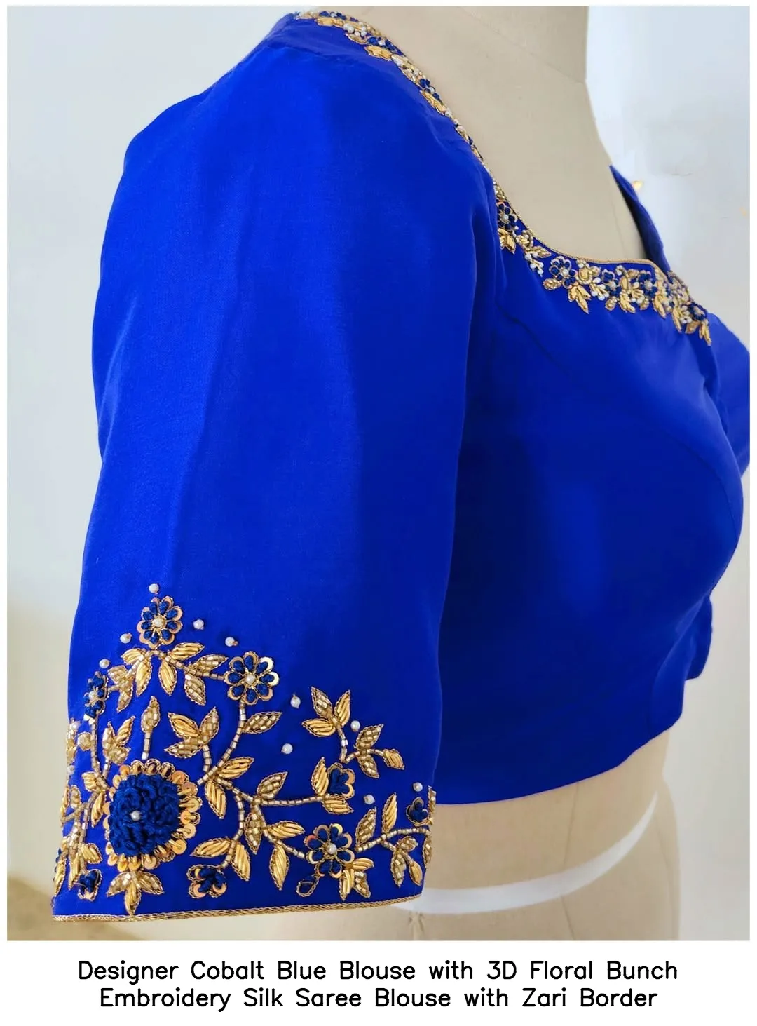 Designer Cobalt Blue Blouse with 3D Floral Bunch Embroidery – Silk Saree Blouse with Zari Border