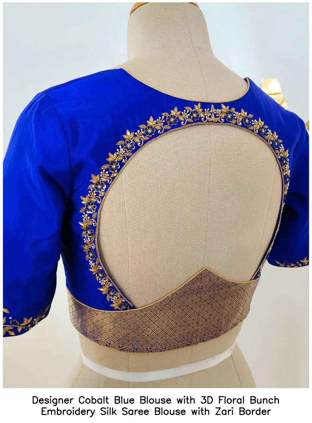 Designer Cobalt Blue Blouse with 3D Floral Bunch Embroidery – Silk Saree Blouse with Zari Border