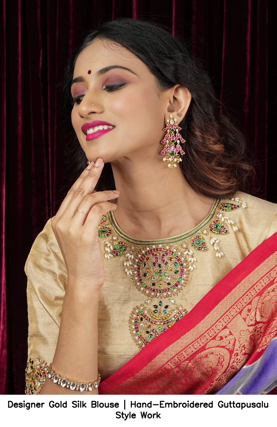 Designer Gold Silk Blouse | Hand-Embroidered Guttapusalu Style Work