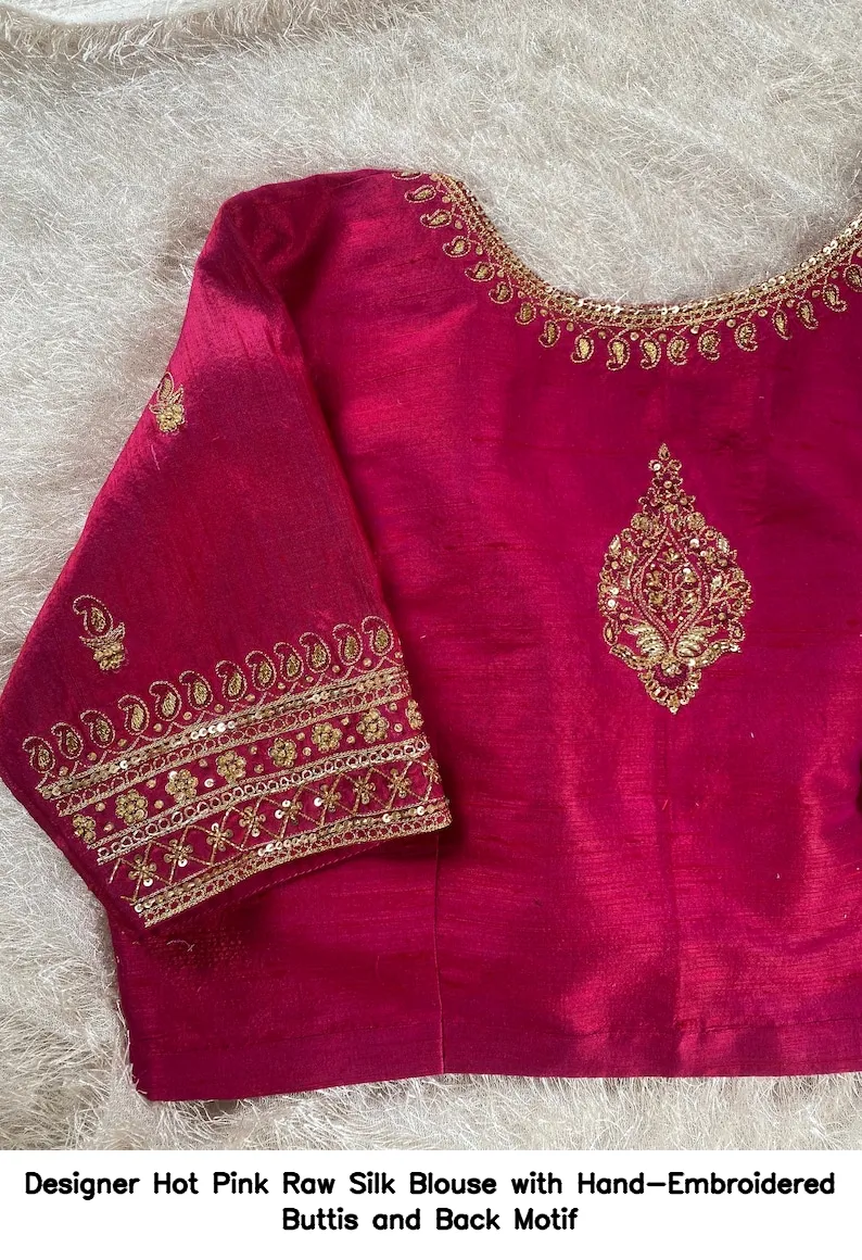 Designer Hot Pink Raw Silk Blouse with Hand-Embroidered Buttis and Back Motif