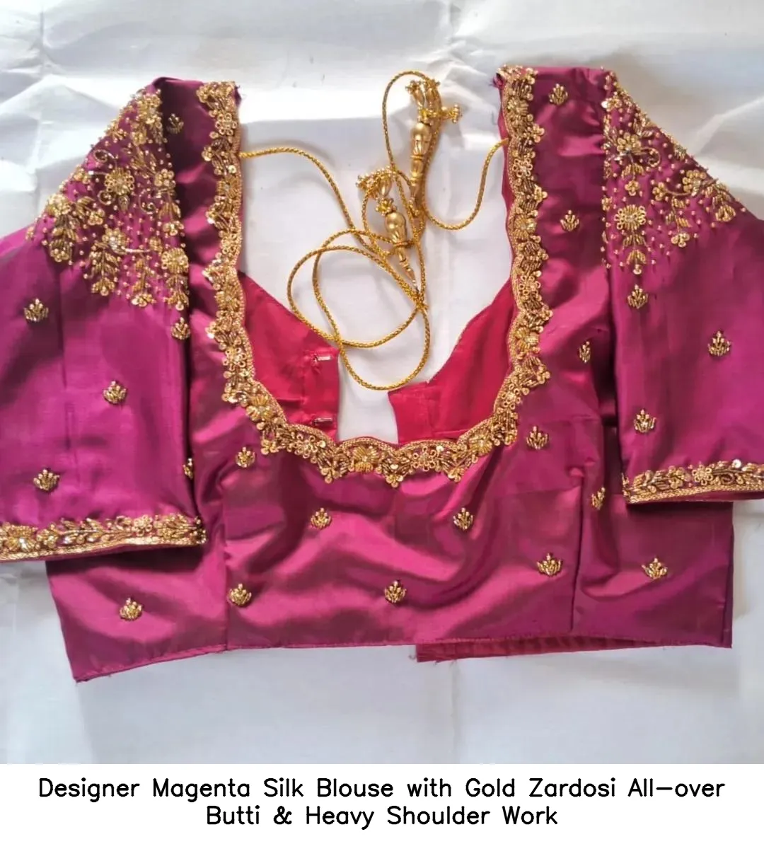 Designer Magenta Silk Blouse with Gold Zardosi – All-over Butti & Heavy Shoulder Work
