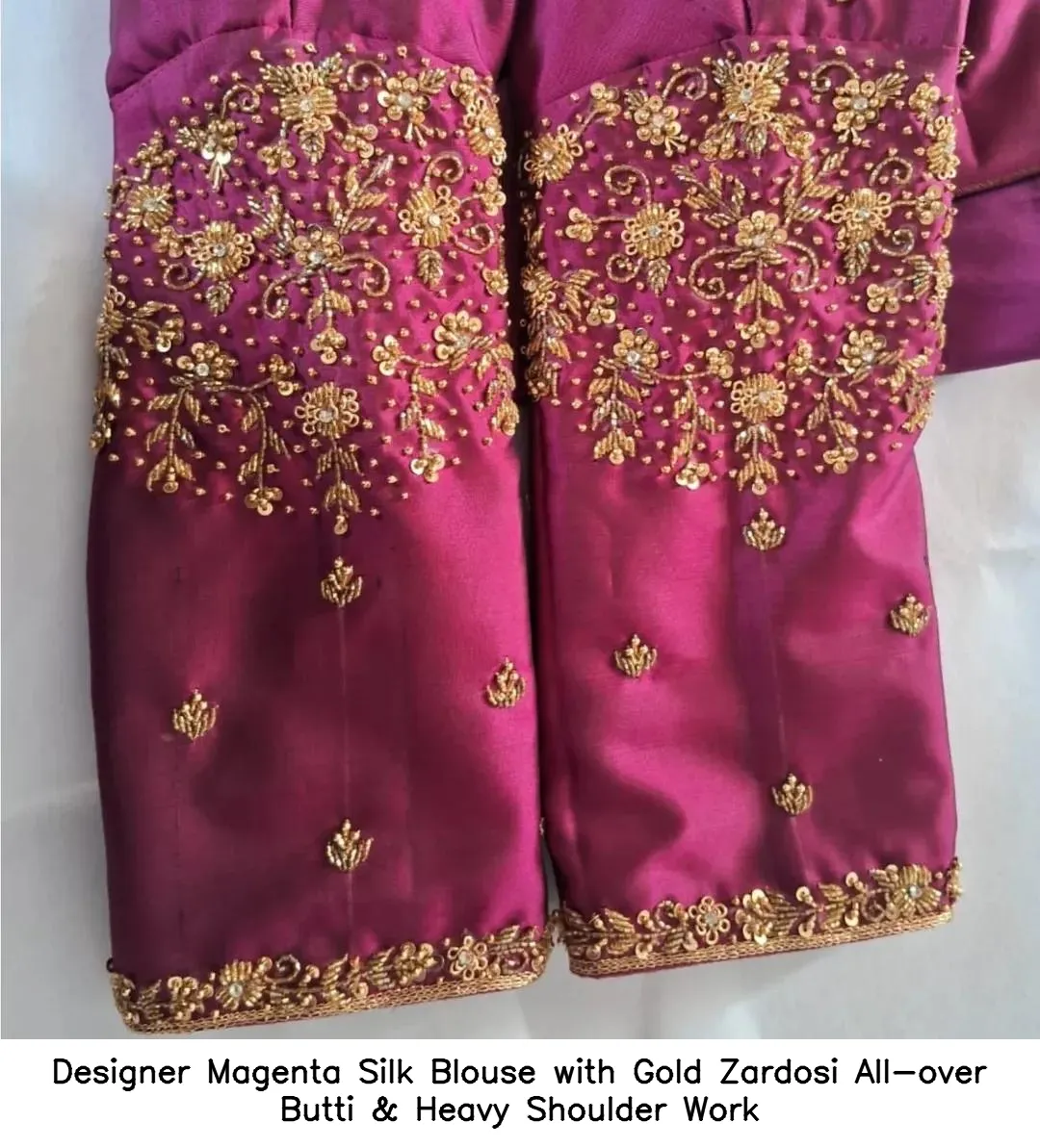 Designer Magenta Silk Blouse with Gold Zardosi – All-over Butti & Heavy Shoulder Work