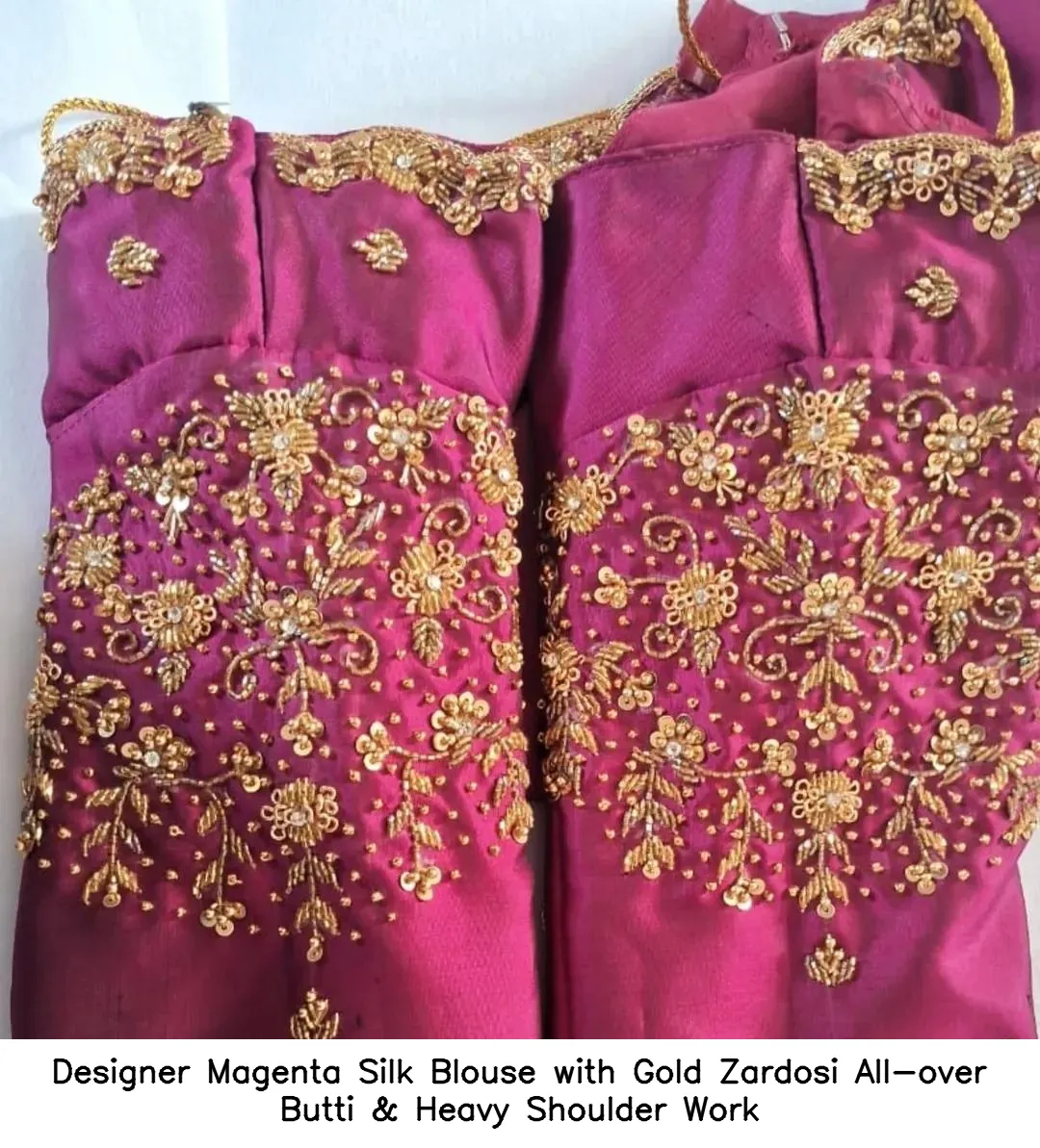 Designer Magenta Silk Blouse with Gold Zardosi – All-over Butti & Heavy Shoulder Work