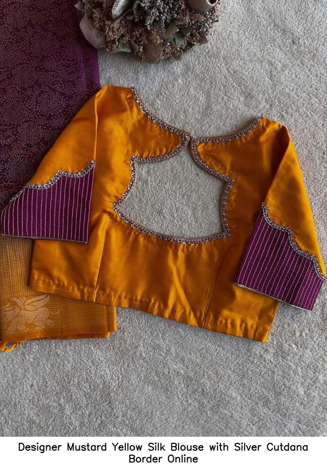 Designer Mustard Yellow Silk Blouse with Silver Cutdana Border Online