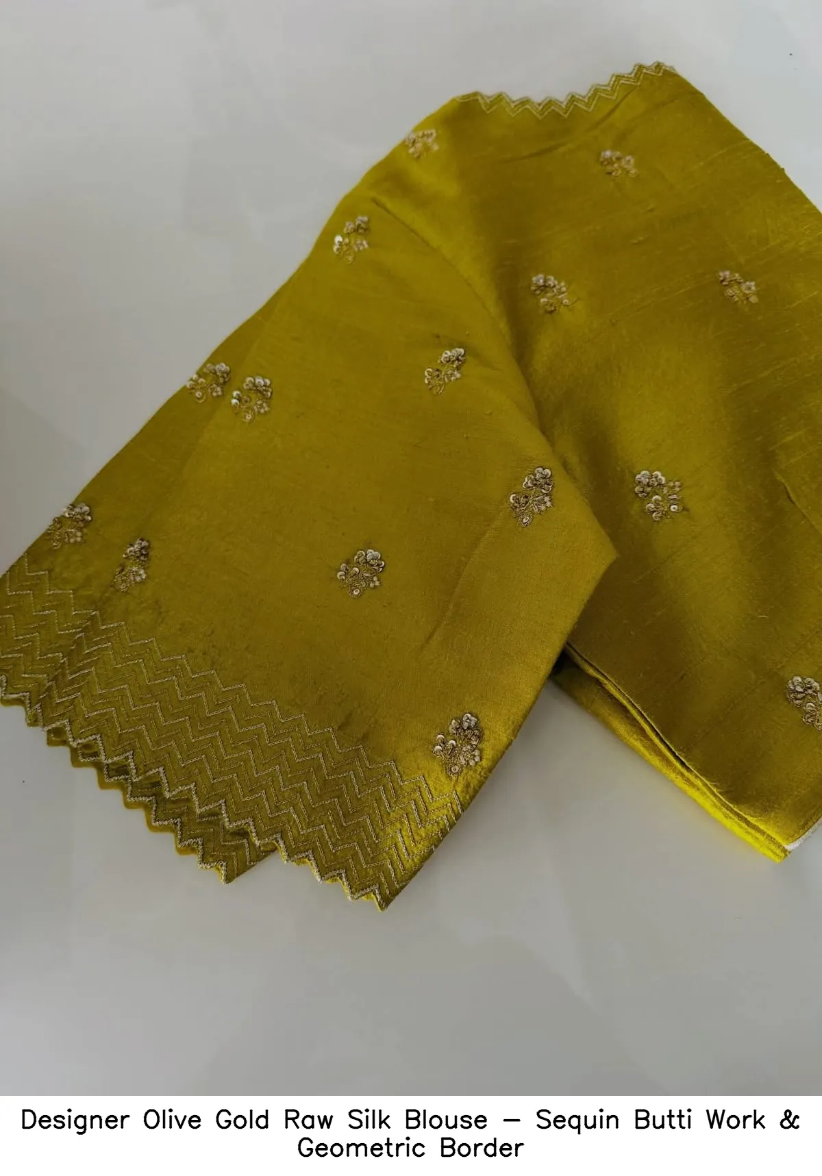 Designer Olive Gold Raw Silk Blouse - Sequin Butti Work & Geometric Border