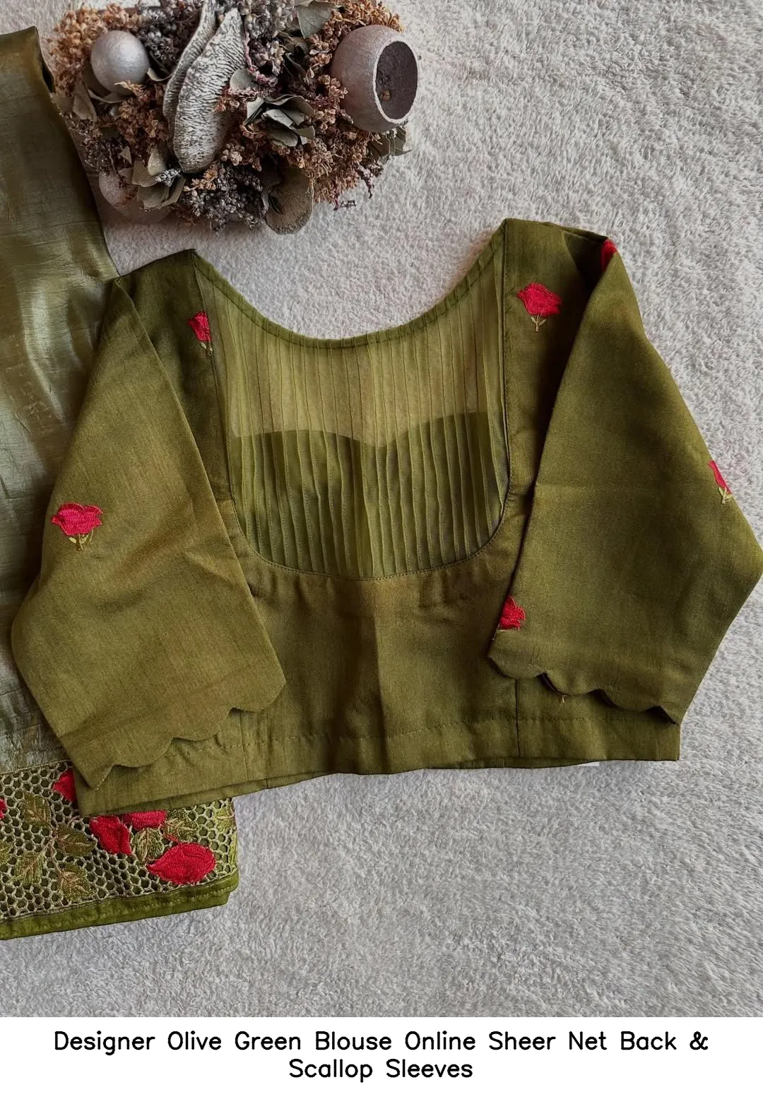 Designer Olive Green Blouse Online – Sheer Net Back & Scallop Sleeves