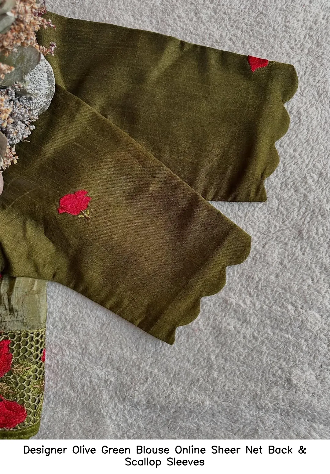Designer Olive Green Blouse Online – Sheer Net Back & Scallop Sleeves