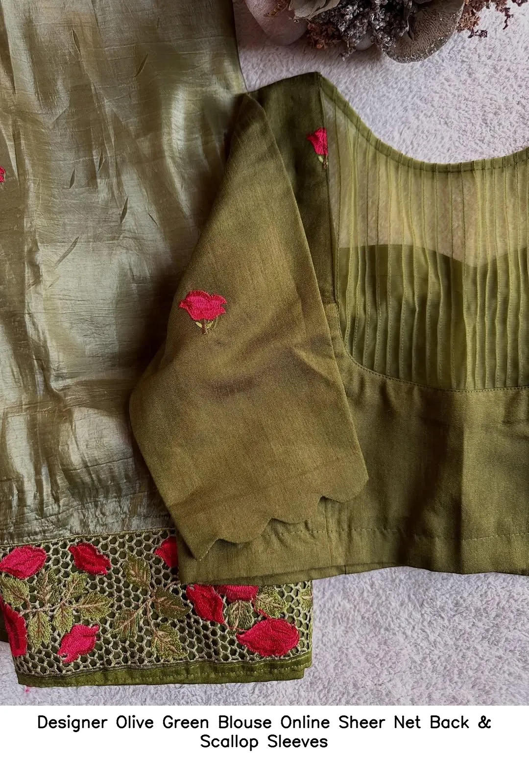Designer Olive Green Blouse Online – Sheer Net Back & Scallop Sleeves