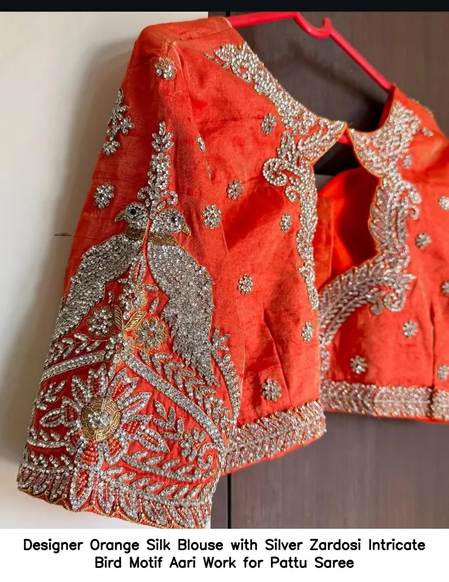 Designer Orange Silk Blouse with Silver Zardosi – Intricate Bird Motif Aari Work for Pattu Saree