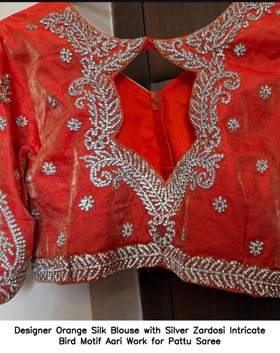 Designer Orange Silk Blouse with Silver Zardosi – Intricate Bird Motif Aari Work for Pattu Saree