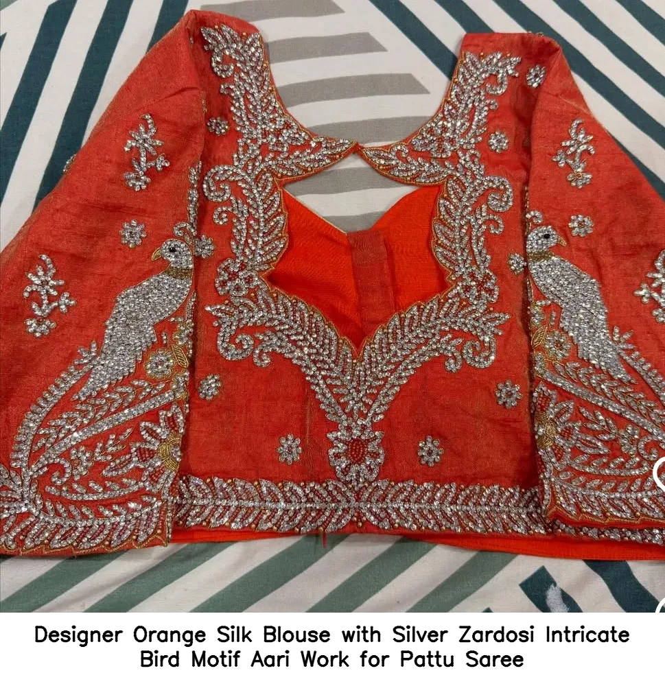 Designer Orange Silk Blouse with Silver Zardosi – Intricate Bird Motif Aari Work for Pattu Saree