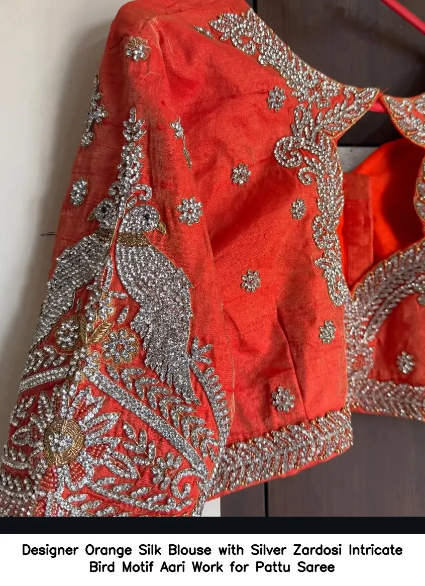 Designer Orange Silk Blouse with Silver Zardosi – Intricate Bird Motif Aari Work for Pattu Saree