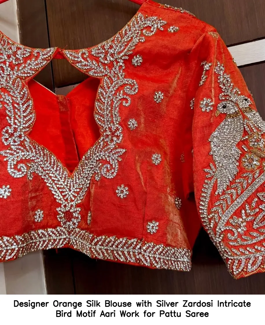 Designer Orange Silk Blouse with Silver Zardosi – Intricate Bird Motif Aari Work for Pattu Saree