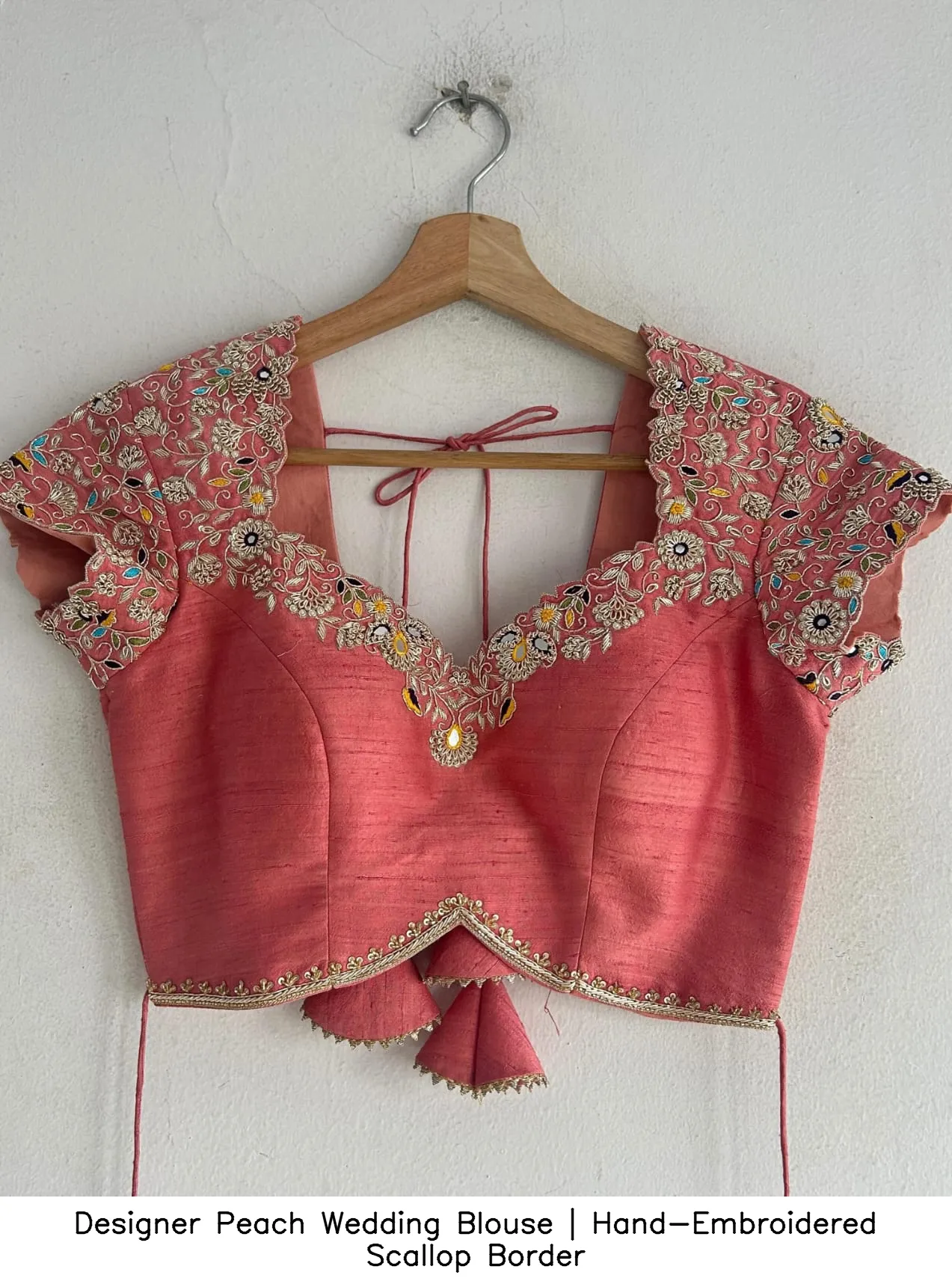 Designer Peach Wedding Blouse | Hand-Embroidered Scallop Border