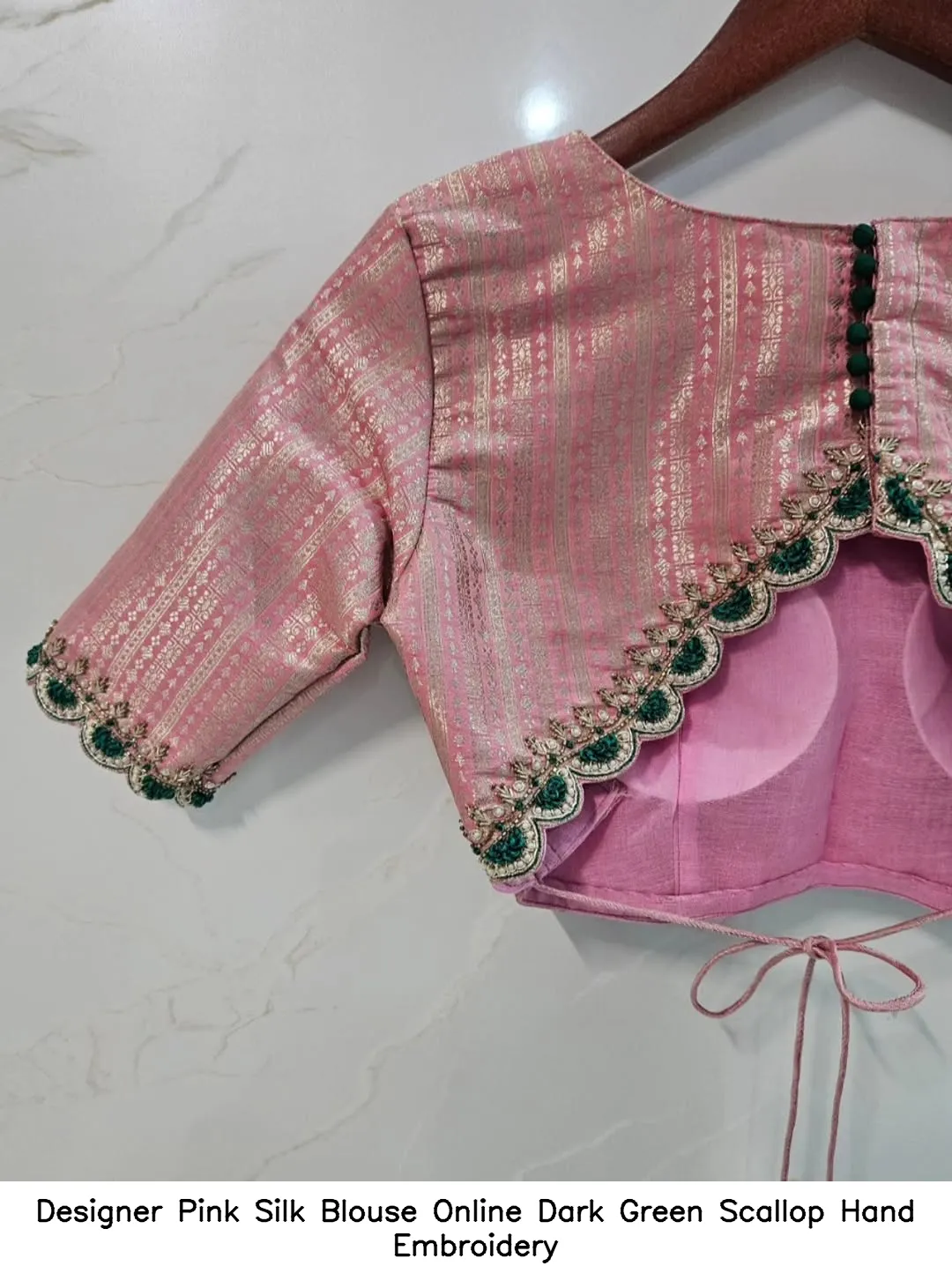 Designer Pink Silk Blouse Online – Dark Green Scallop Hand Embroidery