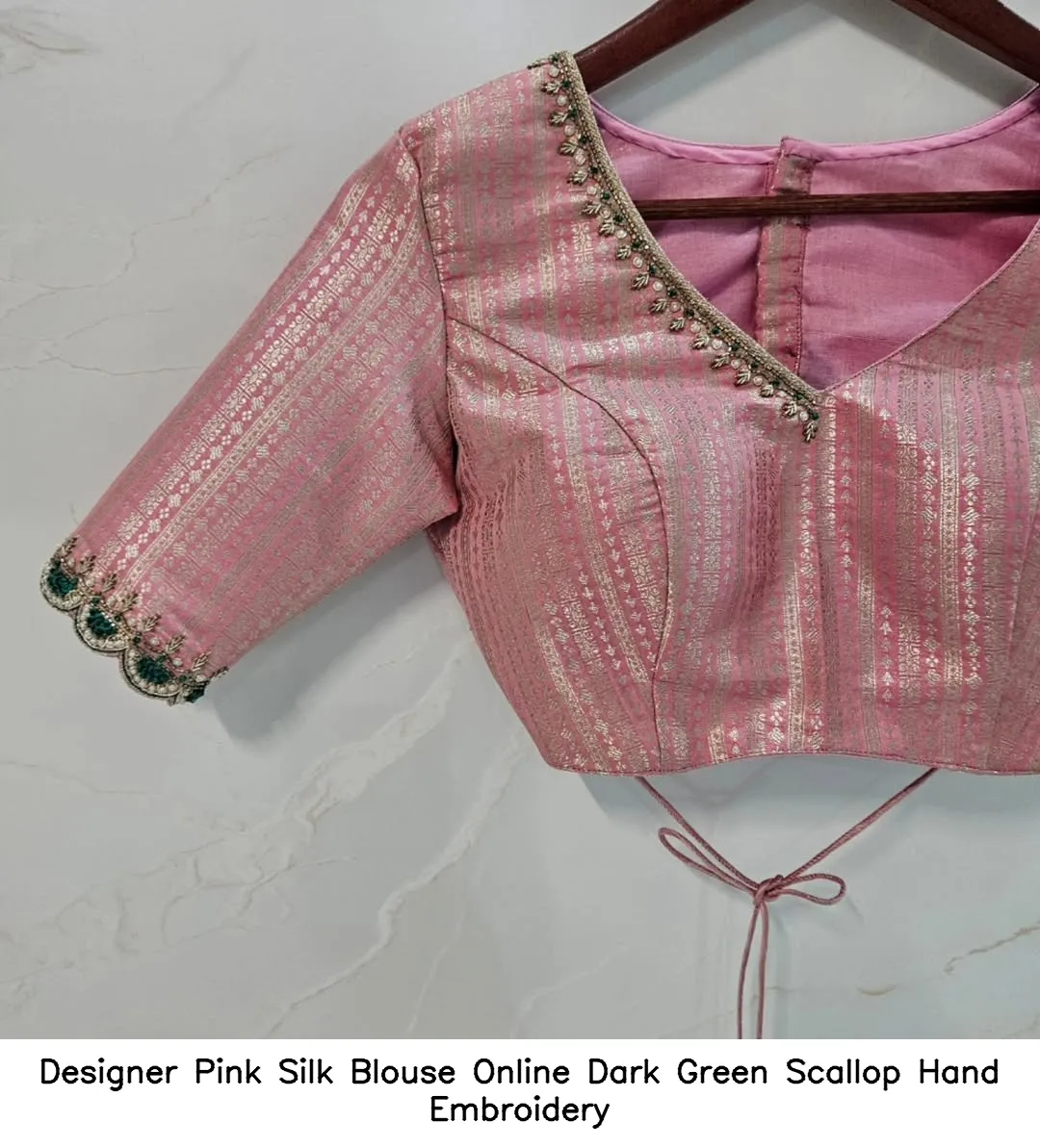 Designer Pink Silk Blouse Online – Dark Green Scallop Hand Embroidery