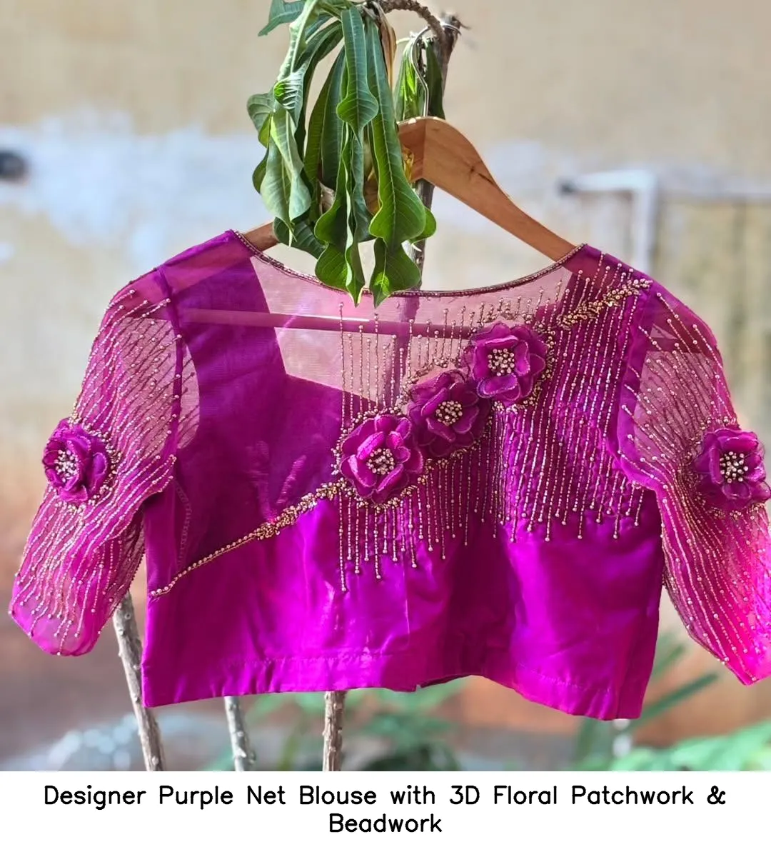 Designer Purple Net Blouse with 3D Floral Patchwork & Beadwork