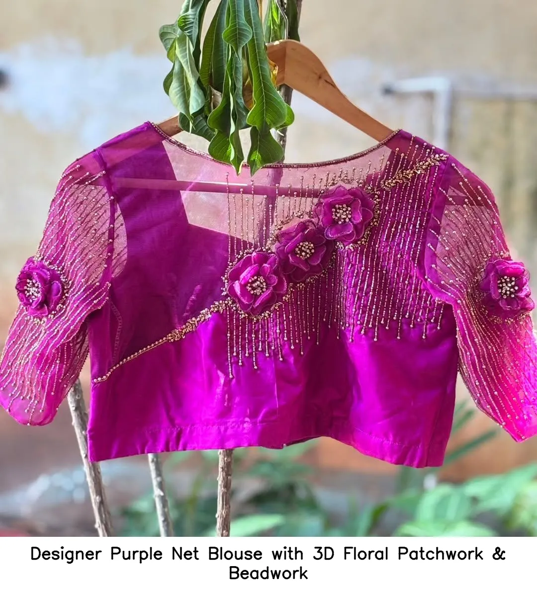 Designer Purple Net Blouse with 3D Floral Patchwork & Beadwork