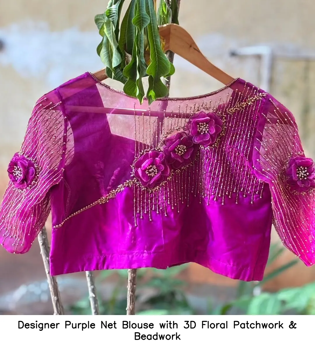 Designer Purple Net Blouse with 3D Floral Patchwork & Beadwork