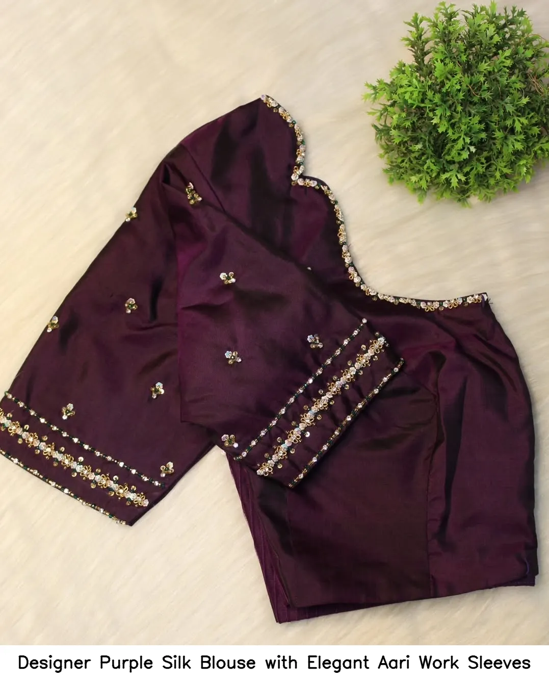 Designer Purple Silk Blouse with Elegant Aari Work Sleeves