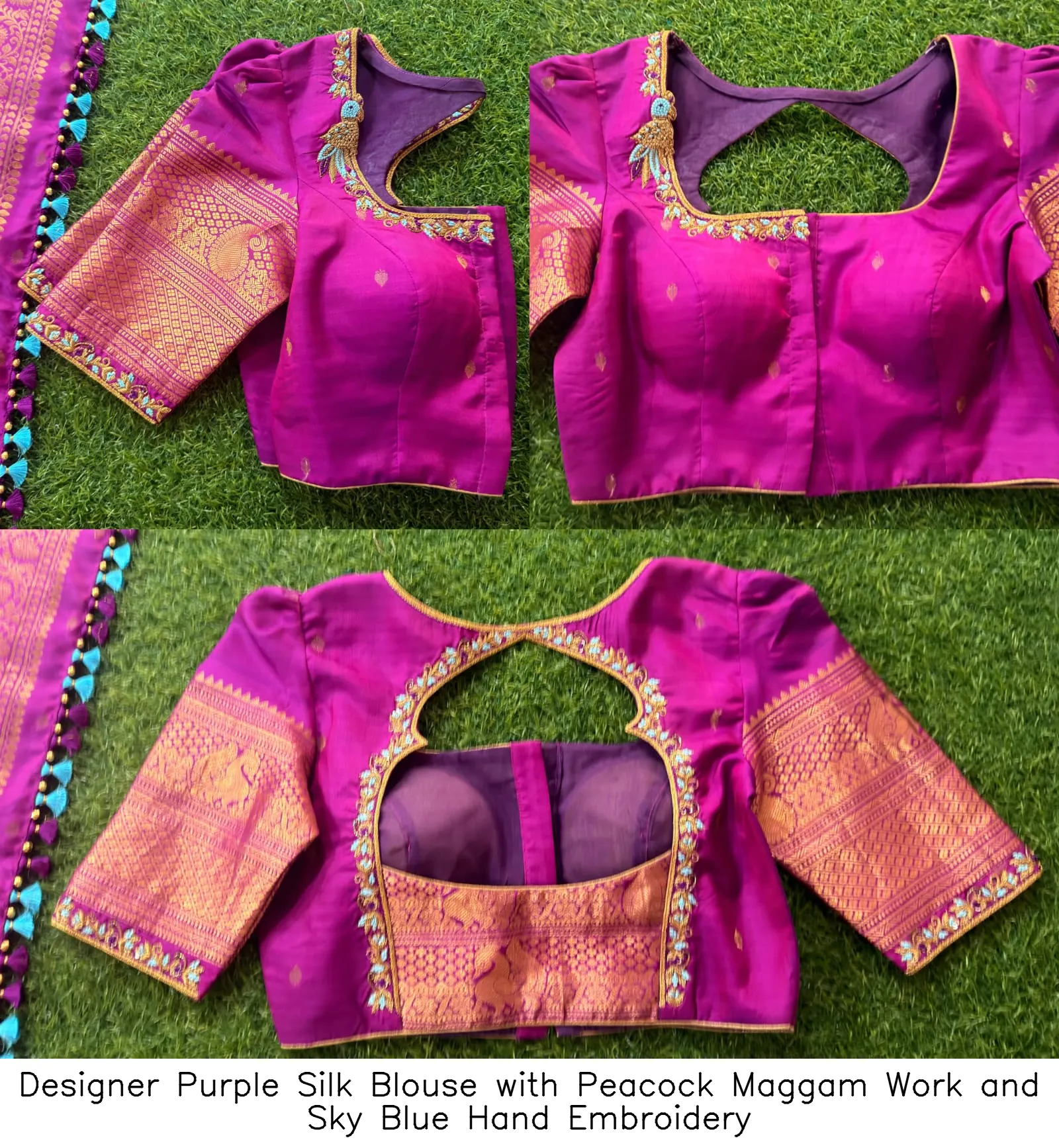 Designer Purple Silk Blouse with Peacock Maggam Work and Sky Blue Hand Embroidery