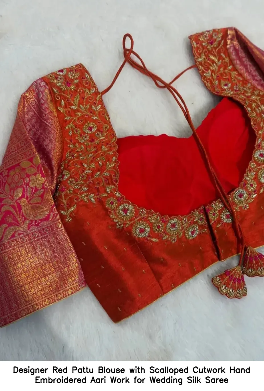 Designer Red Pattu Blouse with Scalloped Cutwork – Hand Embroidered Aari Work for Wedding Silk Saree