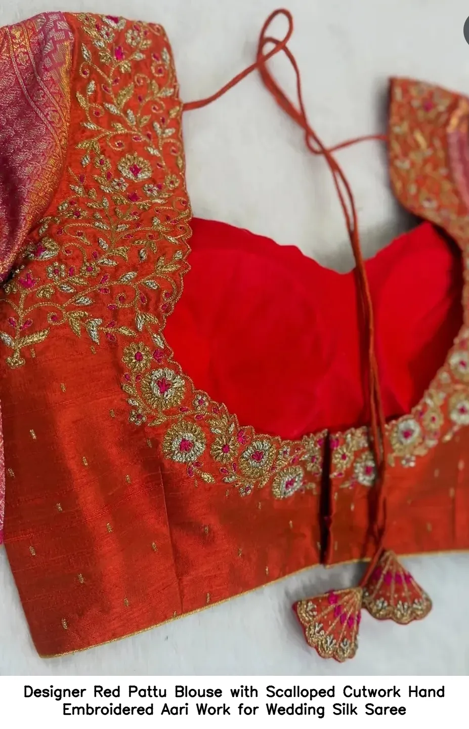 Designer Red Pattu Blouse with Scalloped Cutwork – Hand Embroidered Aari Work for Wedding Silk Saree