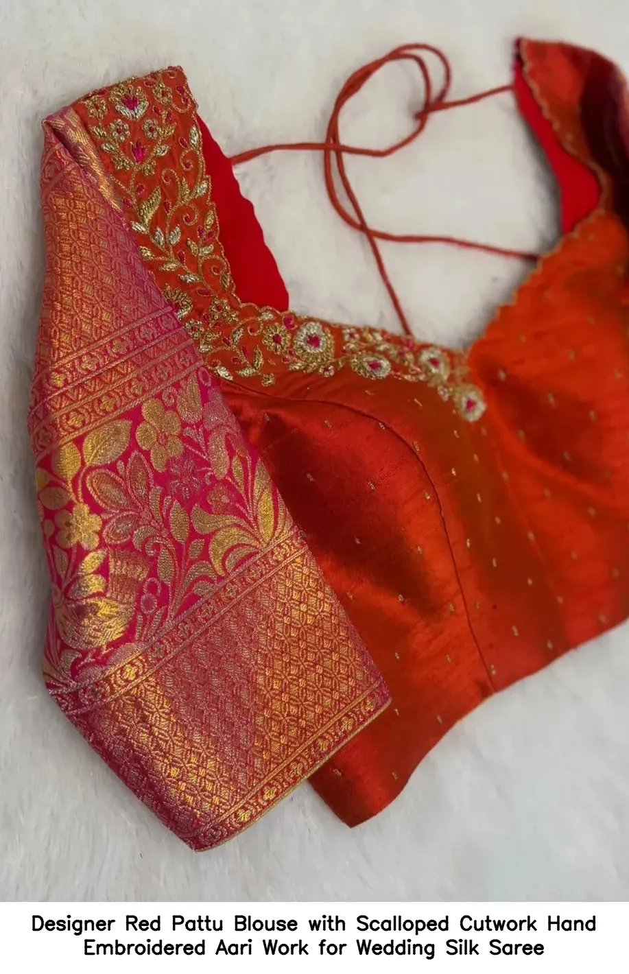 Designer Red Pattu Blouse with Scalloped Cutwork – Hand Embroidered Aari Work for Wedding Silk Saree