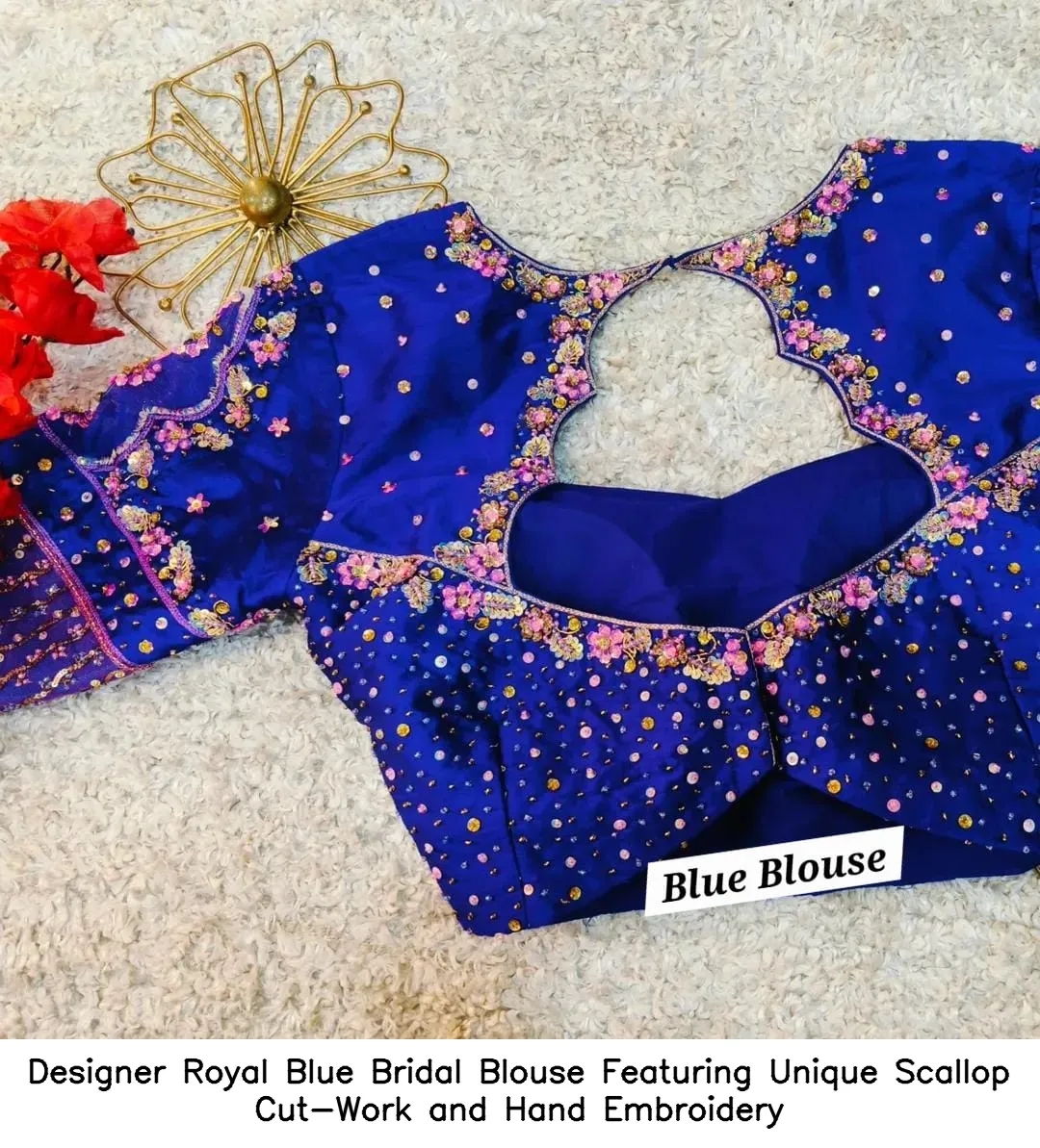 Designer Royal Blue Bridal Blouse Featuring Unique Scallop Cut-Work and Hand Embroidery
