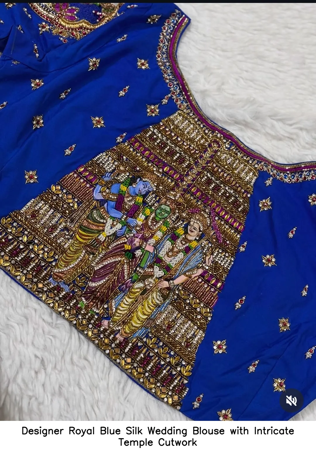 Designer Royal Blue Silk Wedding Blouse with Intricate Temple Cutwork