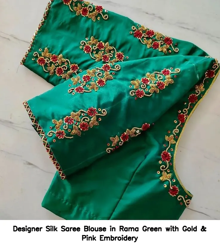 Designer Silk Saree Blouse in Rama Green with Gold & Pink Embroidery