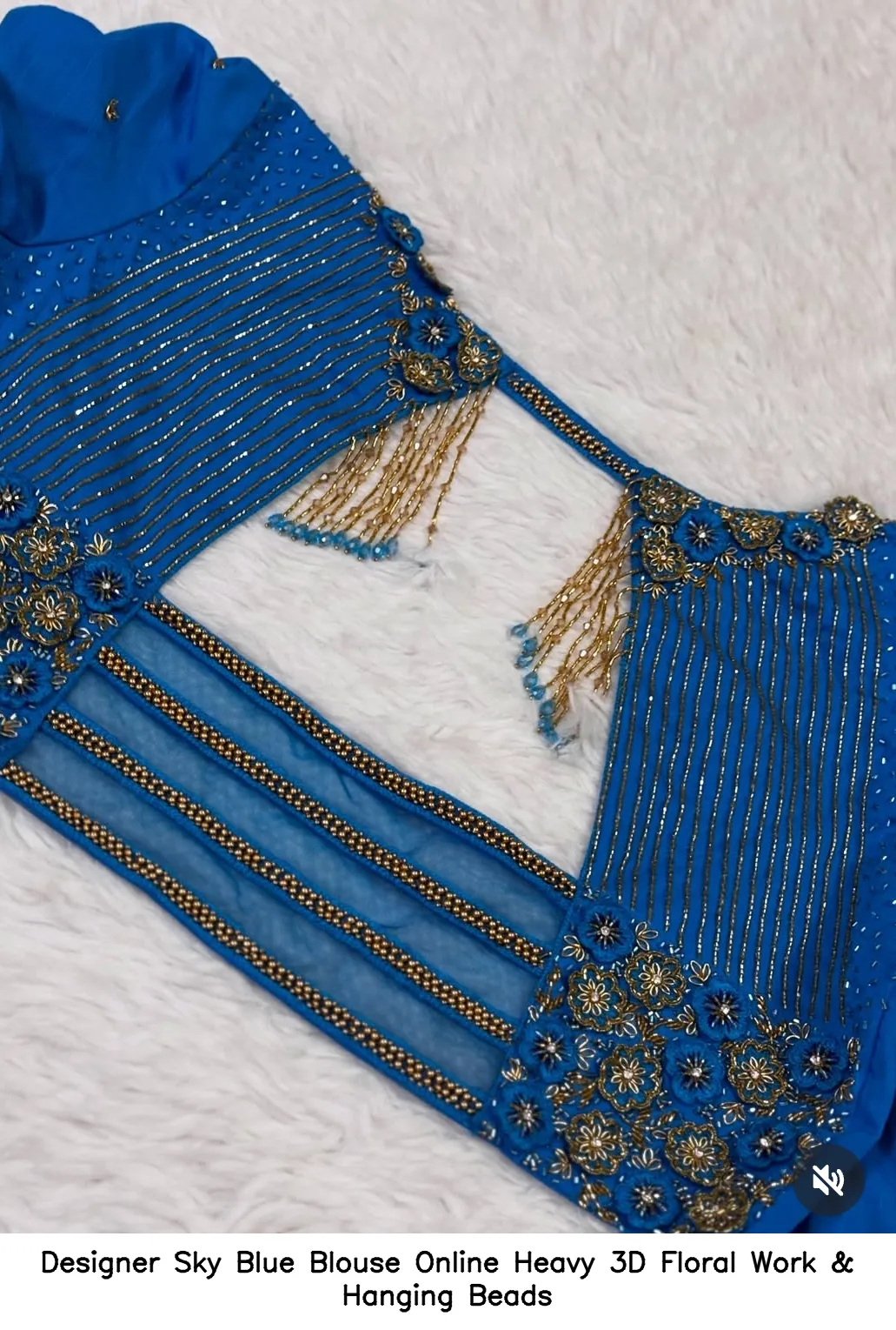 Designer Sky Blue Blouse Online – Heavy 3D Floral Work & Hanging Beads