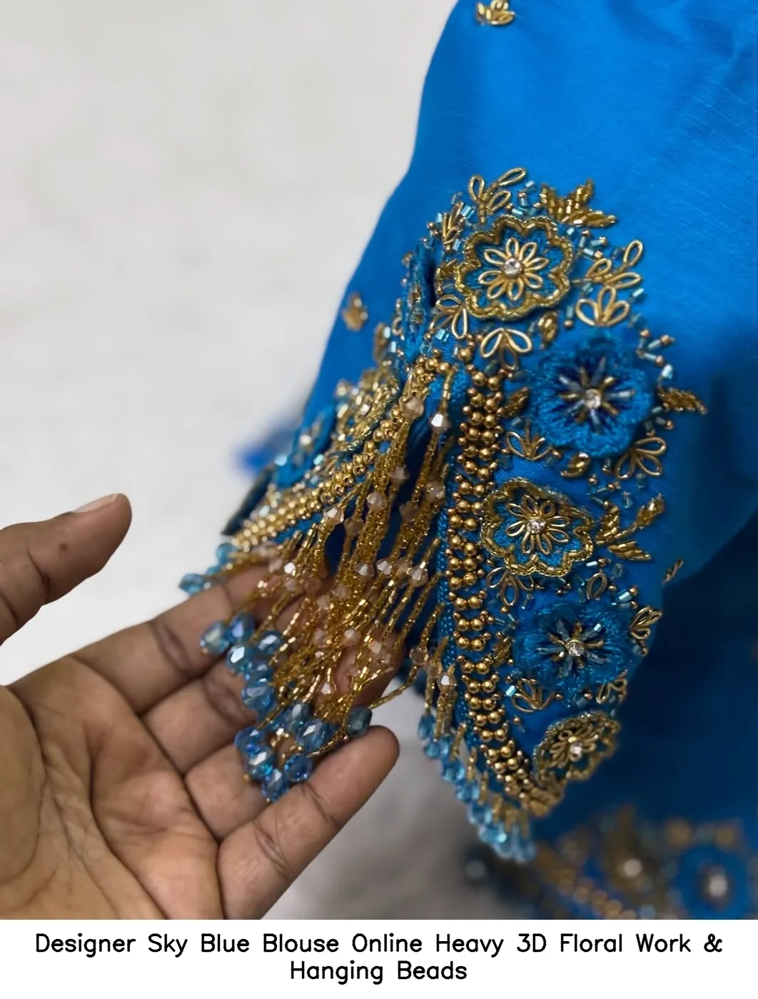 Designer Sky Blue Blouse Online – Heavy 3D Floral Work & Hanging Beads