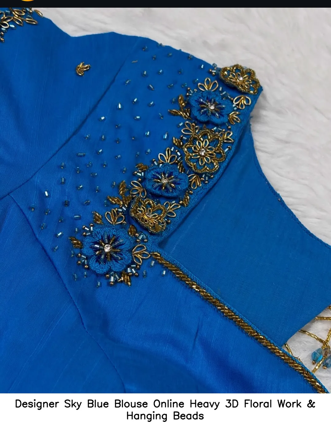 Designer Sky Blue Blouse Online – Heavy 3D Floral Work & Hanging Beads
