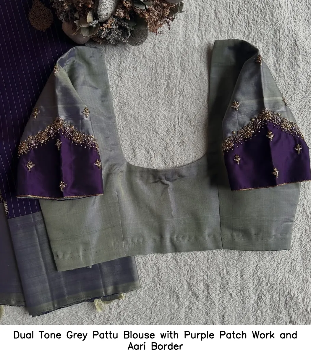 Dual Tone Grey Pattu Blouse with Purple Patch Work and Aari Border