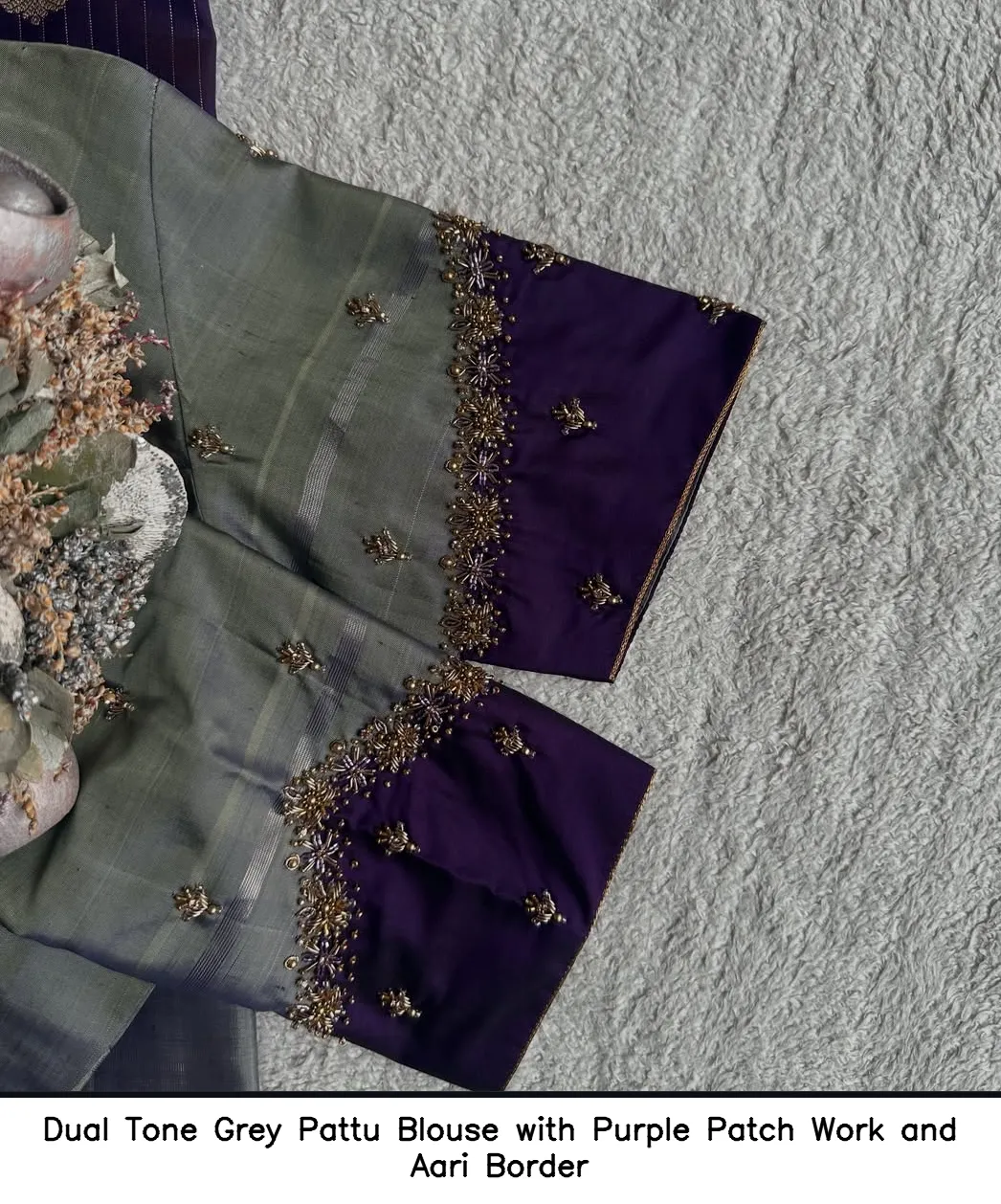 Dual Tone Grey Pattu Blouse with Purple Patch Work and Aari Border