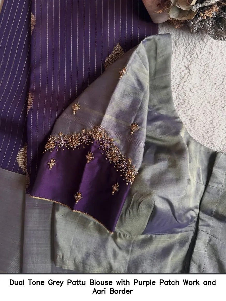 Dual Tone Grey Pattu Blouse with Purple Patch Work and Aari Border
