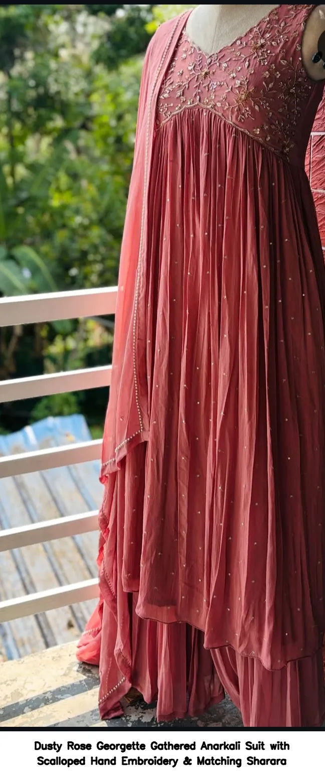 Dusty Rose Georgette Gathered Anarkali Suit with Scalloped Hand Embroidery & Matching Sharara