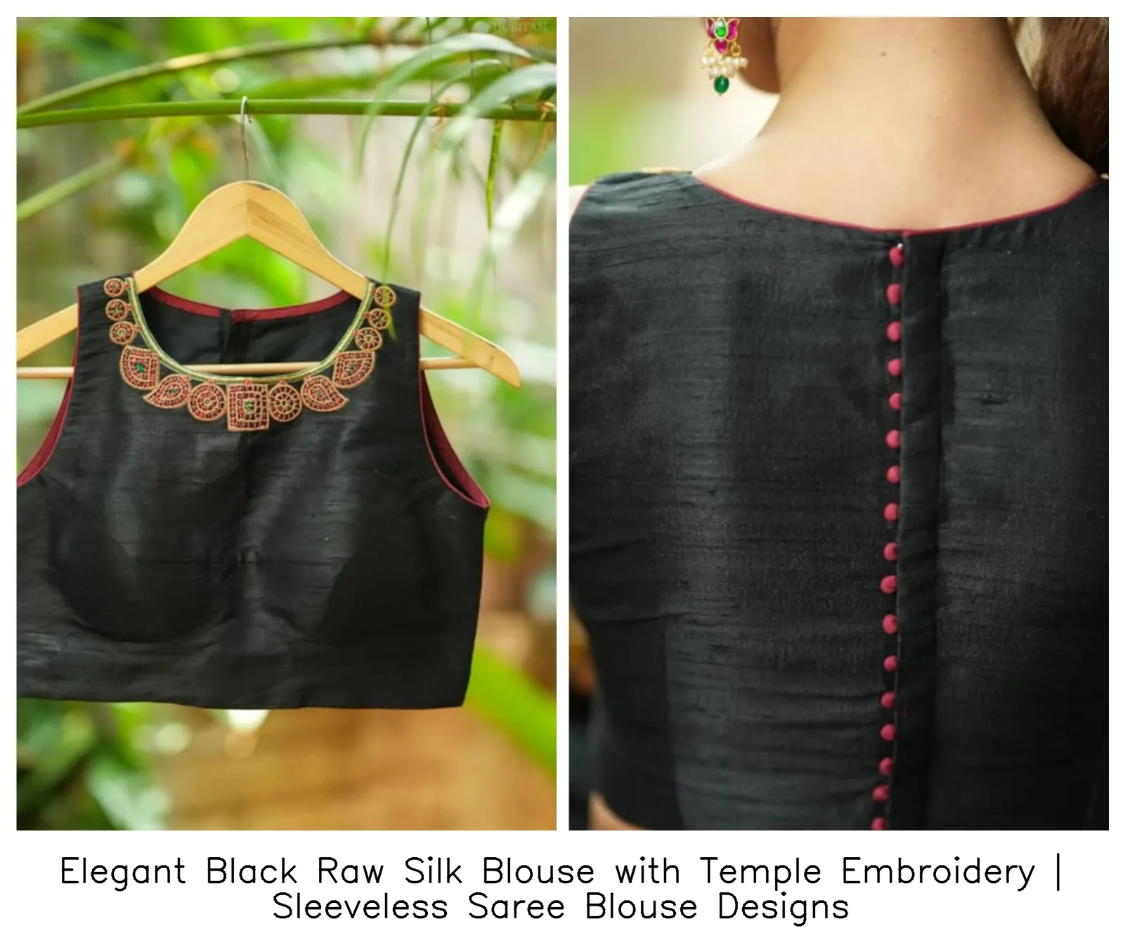 Elegant Black Raw Silk Blouse with Temple Embroidery | Sleeveless Saree Blouse Designs