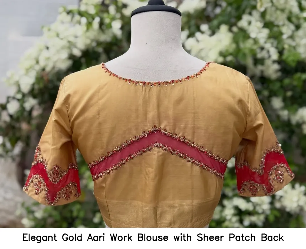 Elegant Gold Aari Work Blouse with Sheer Patch Back