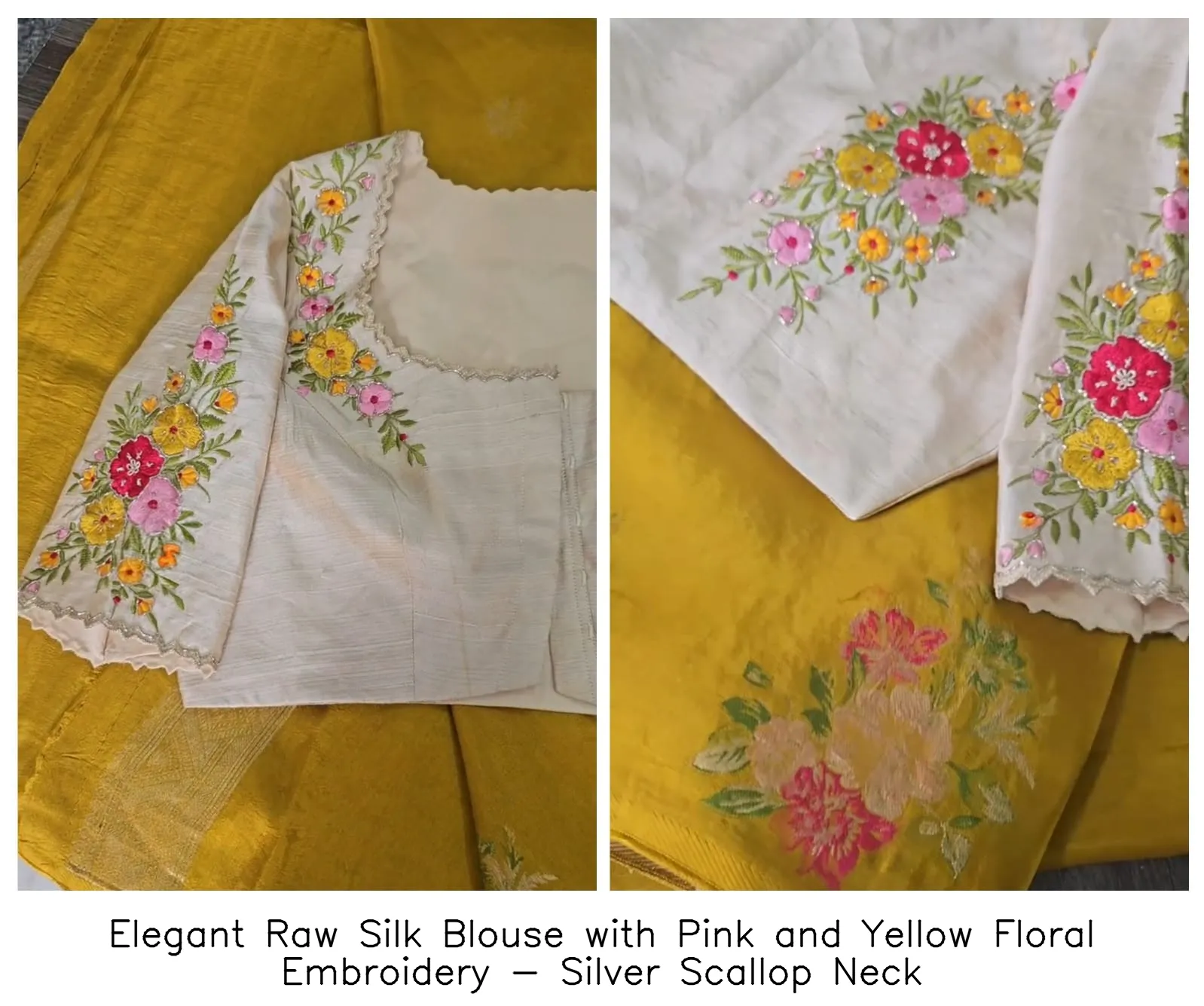 Elegant Raw Silk Blouse with Pink and Yellow Floral Embroidery - Silver Scallop Neck