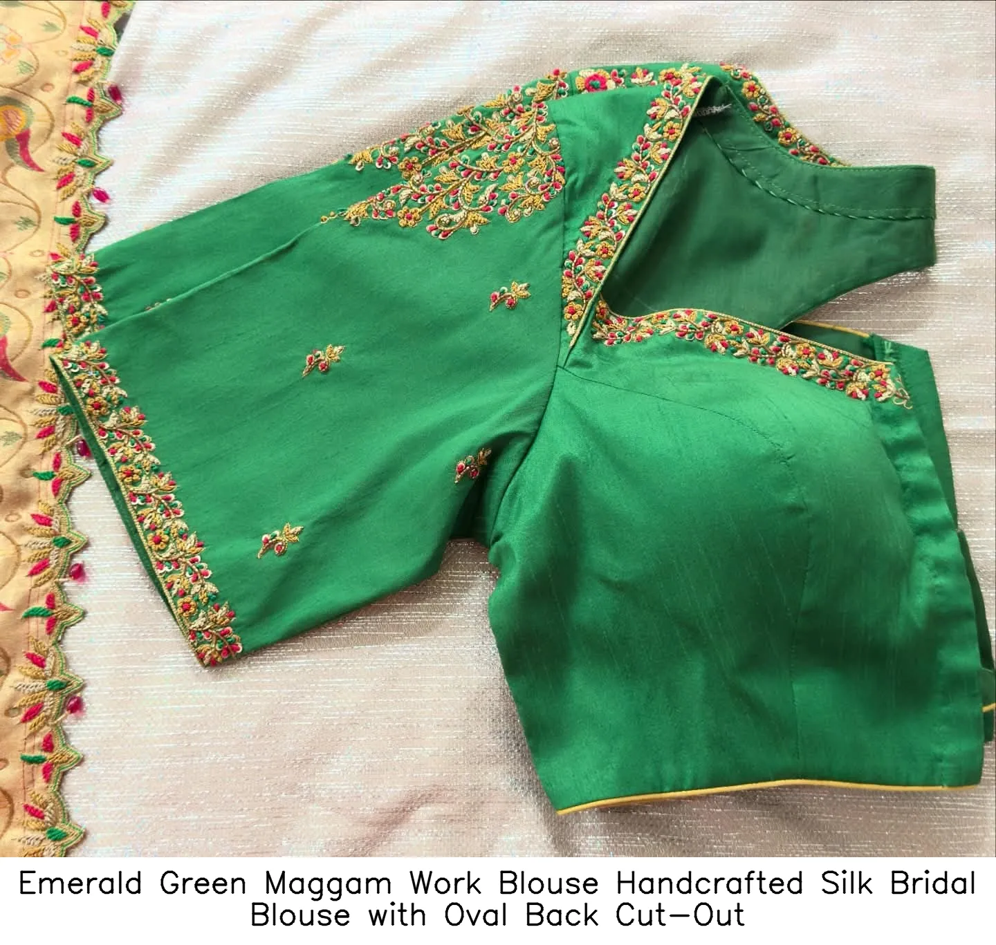 Emerald Green Maggam Work Blouse – Handcrafted Silk Bridal Blouse with Oval Back Cut-Out