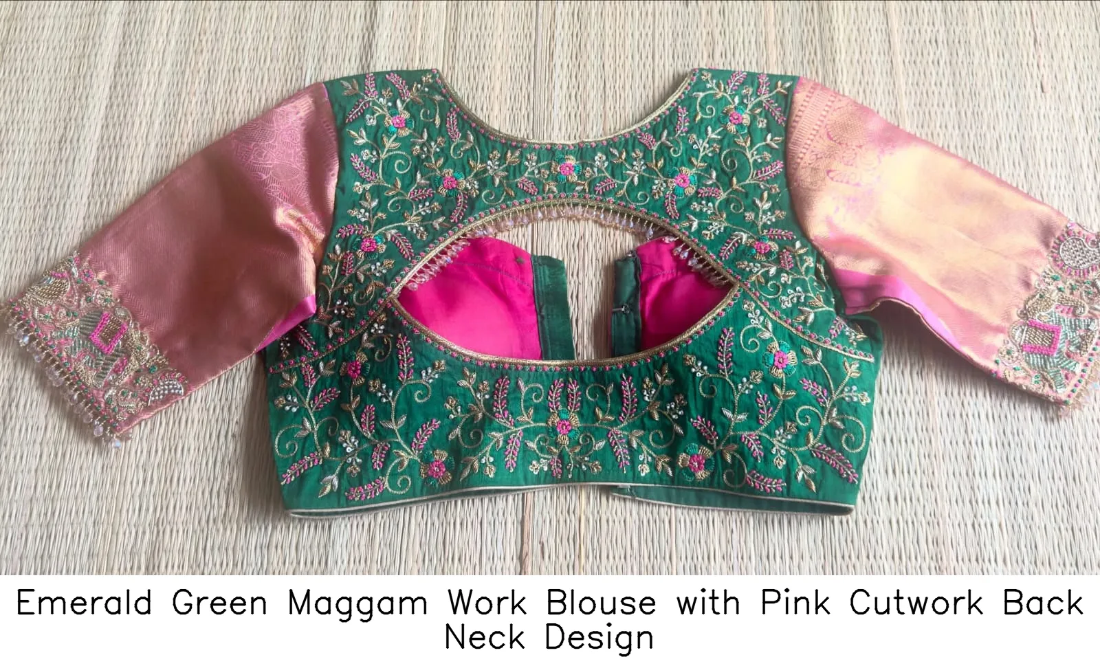 Emerald Green Maggam Work Blouse with Pink Cutwork Back Neck Design