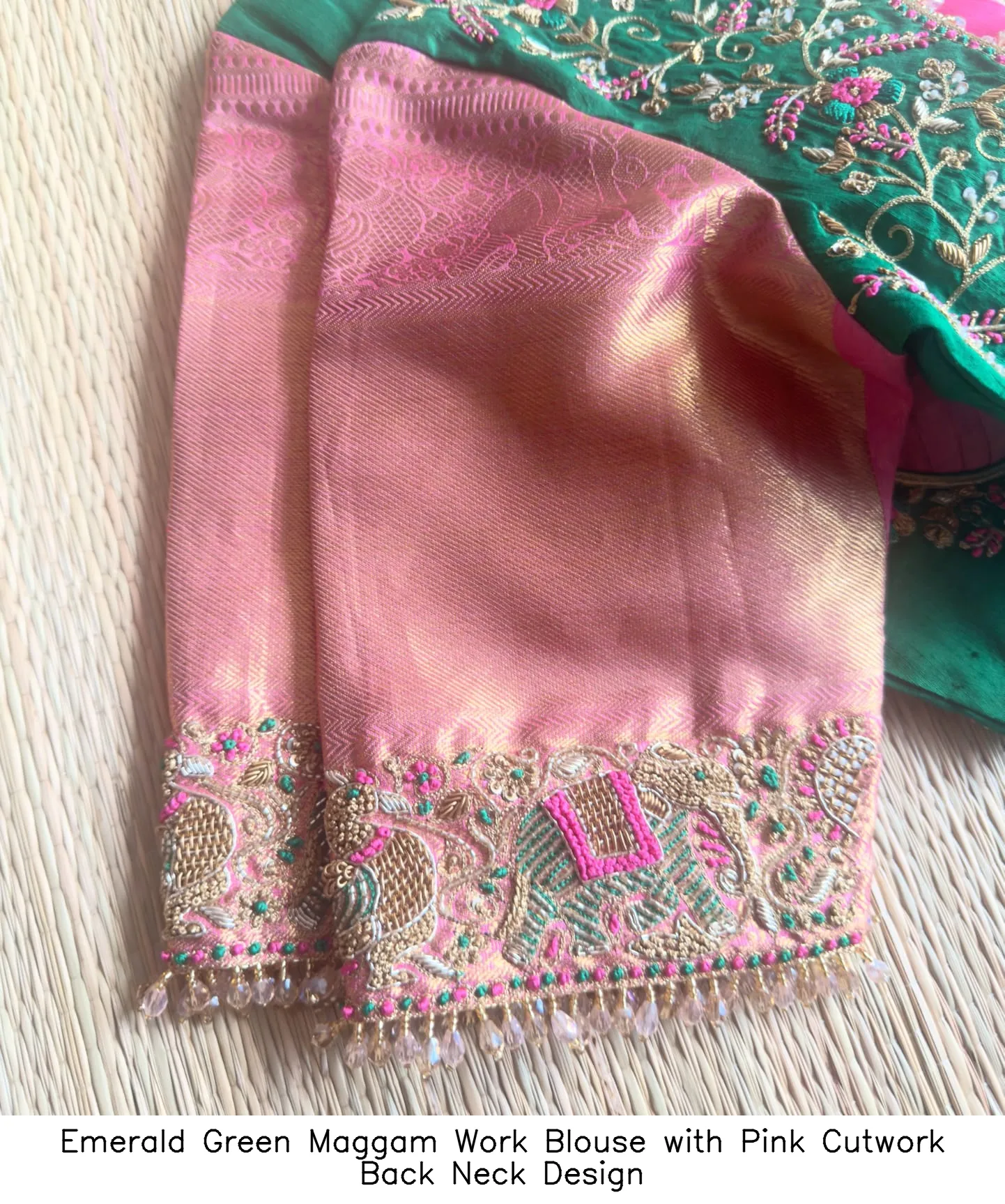 Emerald Green Maggam Work Blouse with Pink Cutwork Back Neck Design