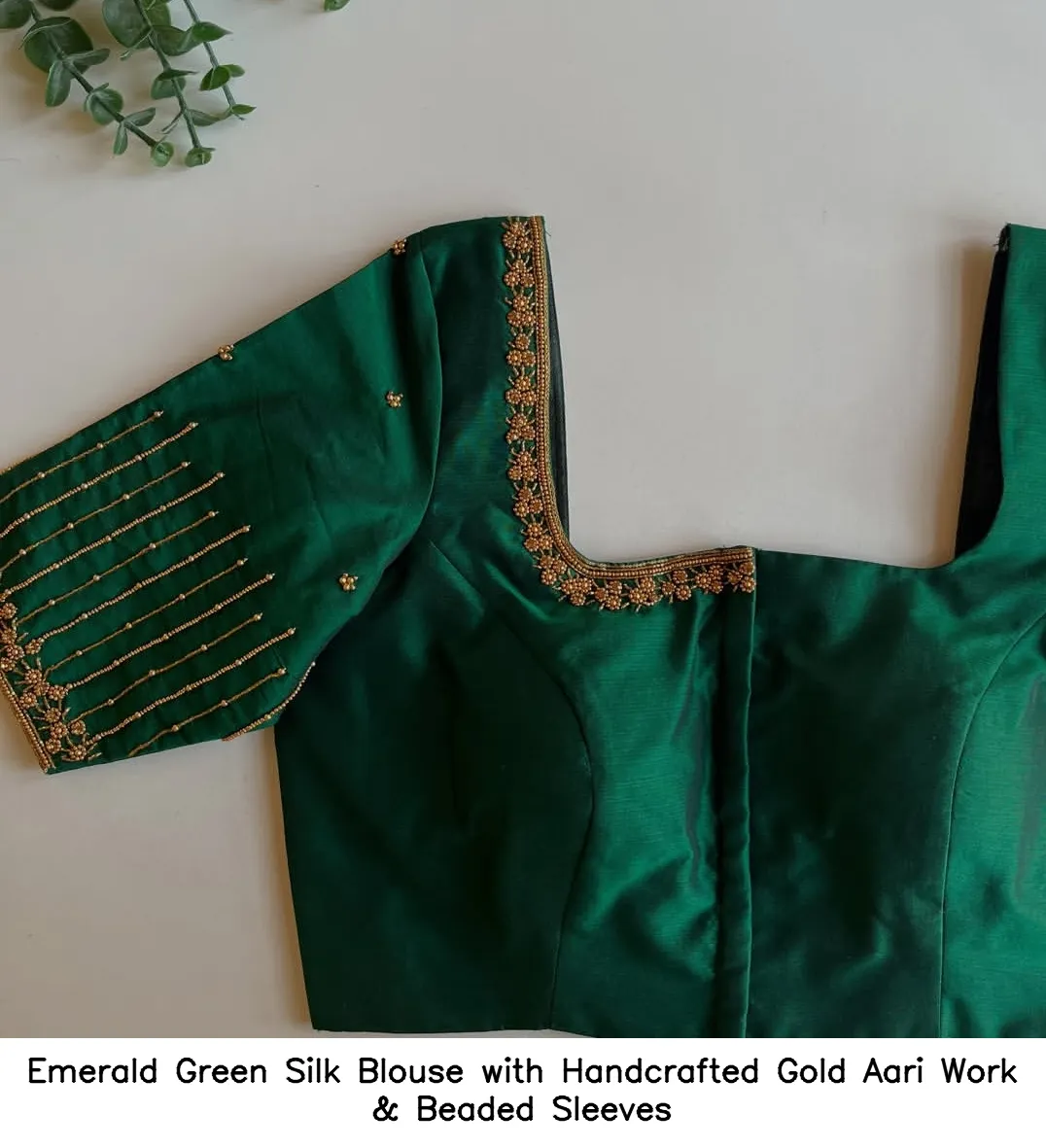 Emerald Green Silk Blouse with Handcrafted Gold Aari Work & Beaded Sleeves