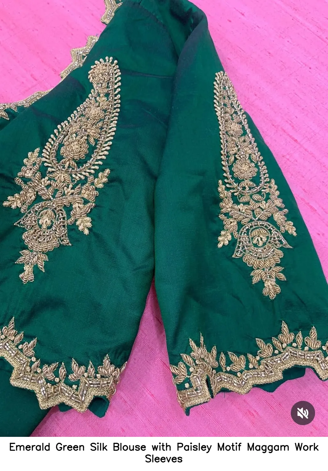 Emerald Green Silk Blouse with Paisley Motif Maggam Work Sleeves