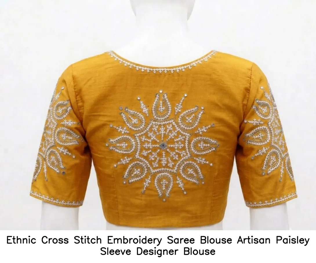 Ethnic Cross Stitch Embroidery Saree Blouse – Artisan Paisley Sleeve Designer Blouse