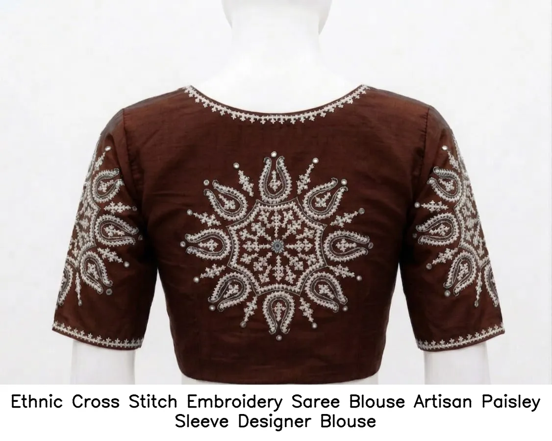 Ethnic Cross Stitch Embroidery Saree Blouse – Artisan Paisley Sleeve Designer Blouse