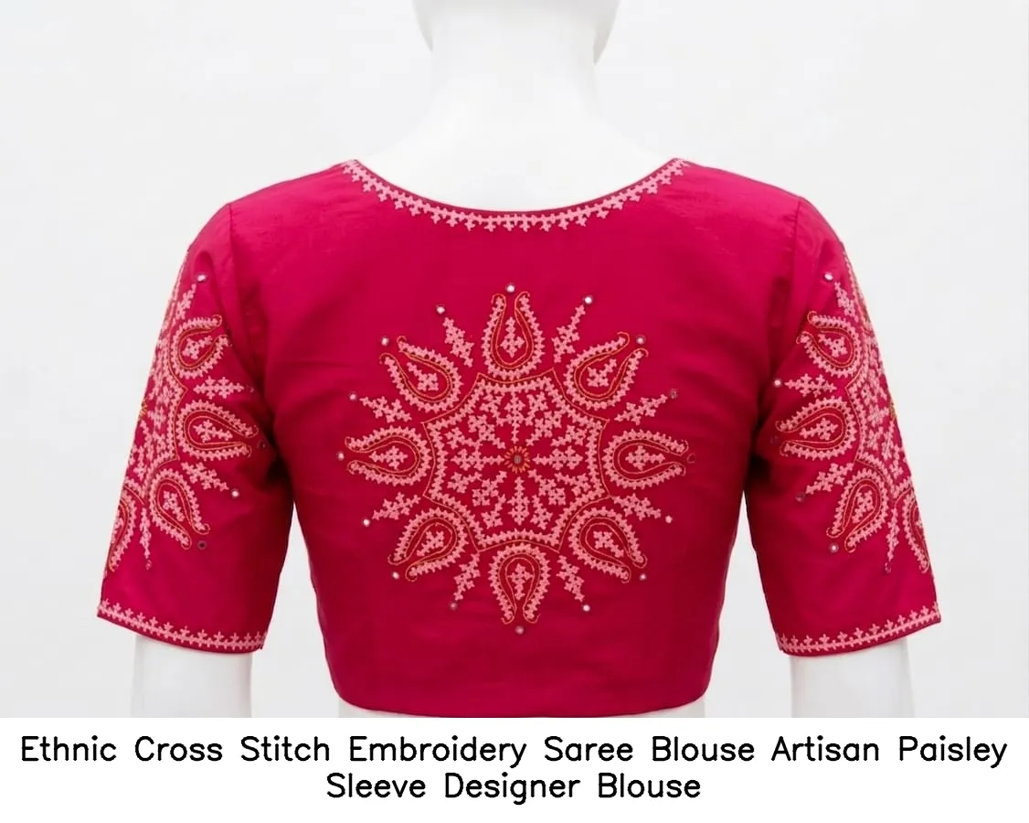 Ethnic Cross Stitch Embroidery Saree Blouse – Artisan Paisley Sleeve Designer Blouse